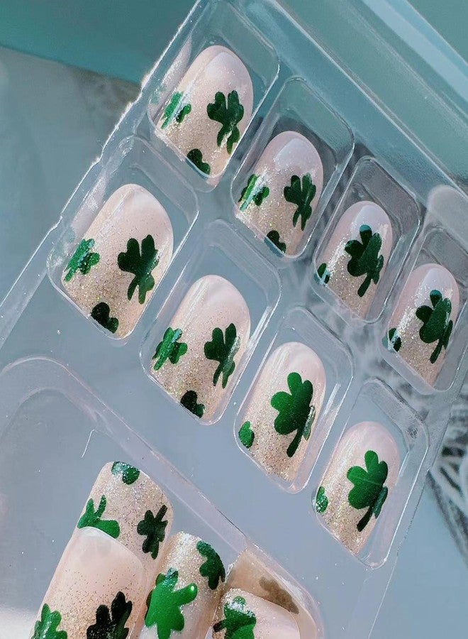 BSBTBZ Glitter St. Patrick's Day Nails Short Short Square Fake Nails With Four-Leaf Clover Designs French Glossy Sparkly Cute Shamrock Press ons Glue on Nails False Nails Artificial Nails Stick on for Women - Image 5